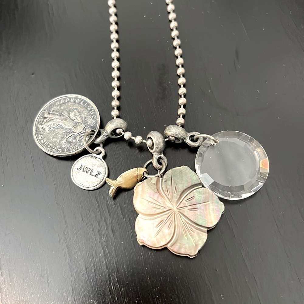 JWLZ abalone flower, coin and crystal charm long necklace, 20”